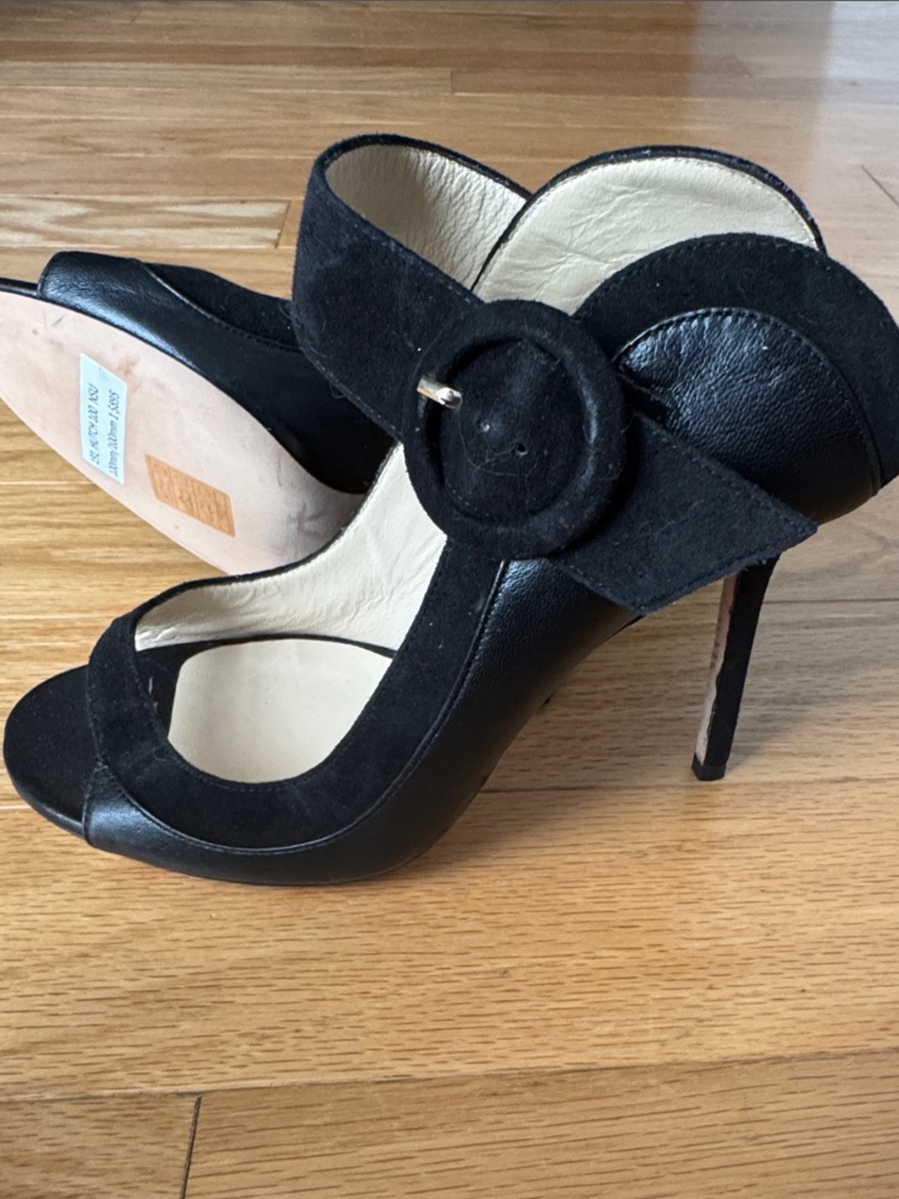 Jimmy Choo  Hutch Mule Suede & Leather Peep-Toe Stiletto with Round Buckle nwot